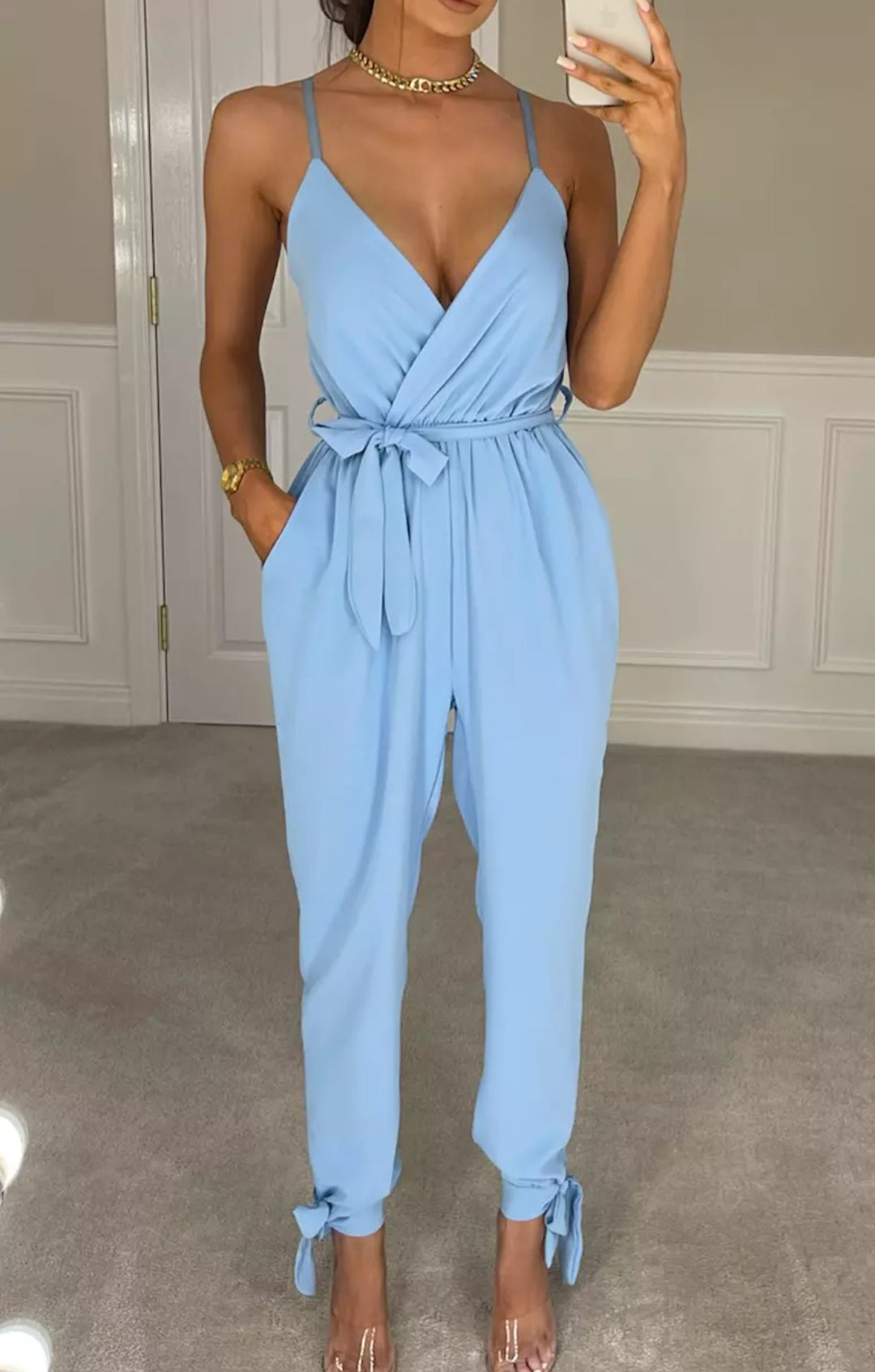 Womens V Neck Wrap Over Ankle Tie Plunge Jumpsuit