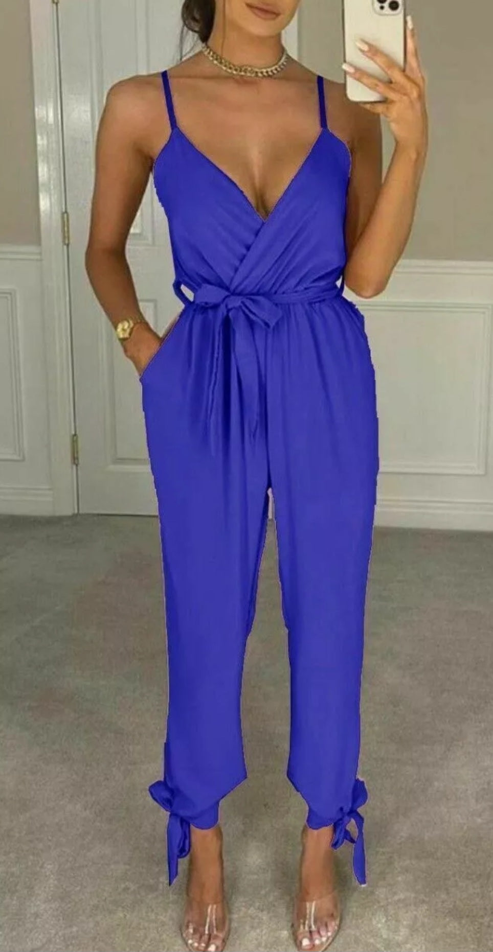 Womens V Neck Wrap Over Ankle Tie Plunge Jumpsuit