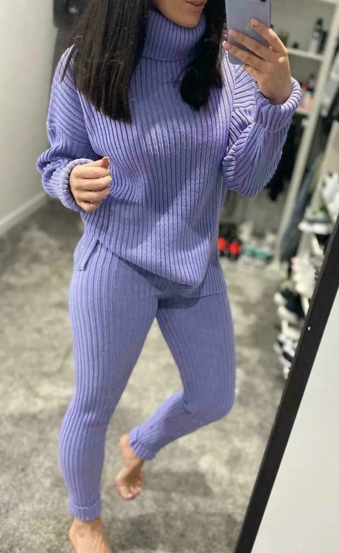 Ladies Chunky Knitted High Roll Neck Lounge Wear Set