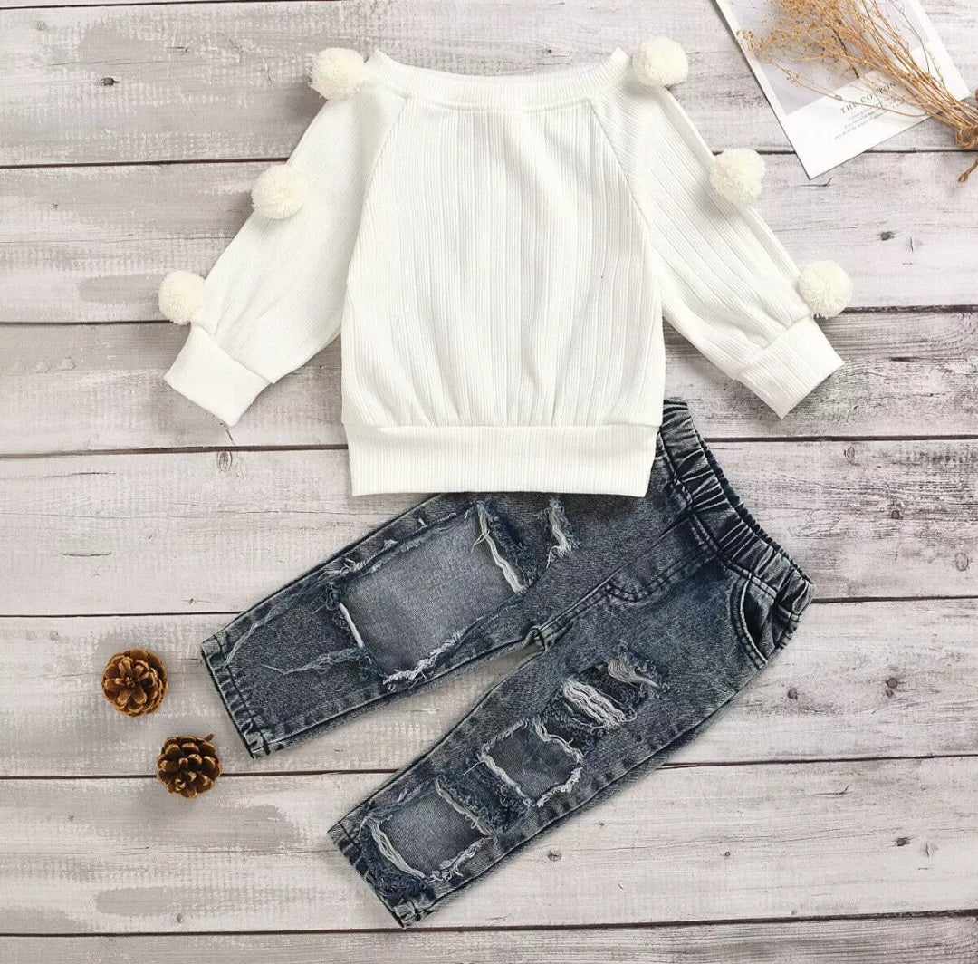 Toddler Pom Pom Top And Denim Trouser Outfit