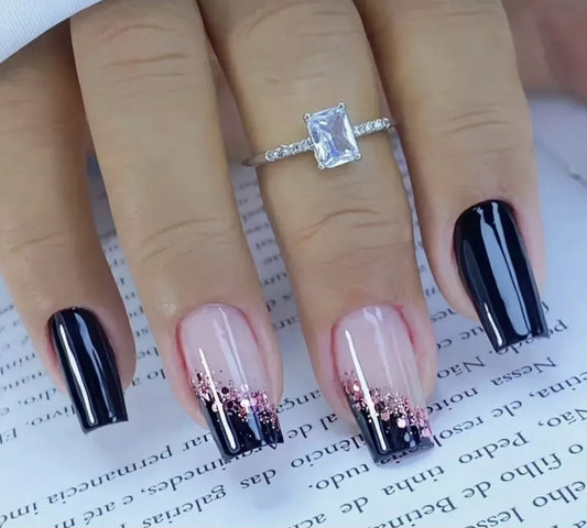 24pcs Medium French Square Glossy Black Glitter False Nails