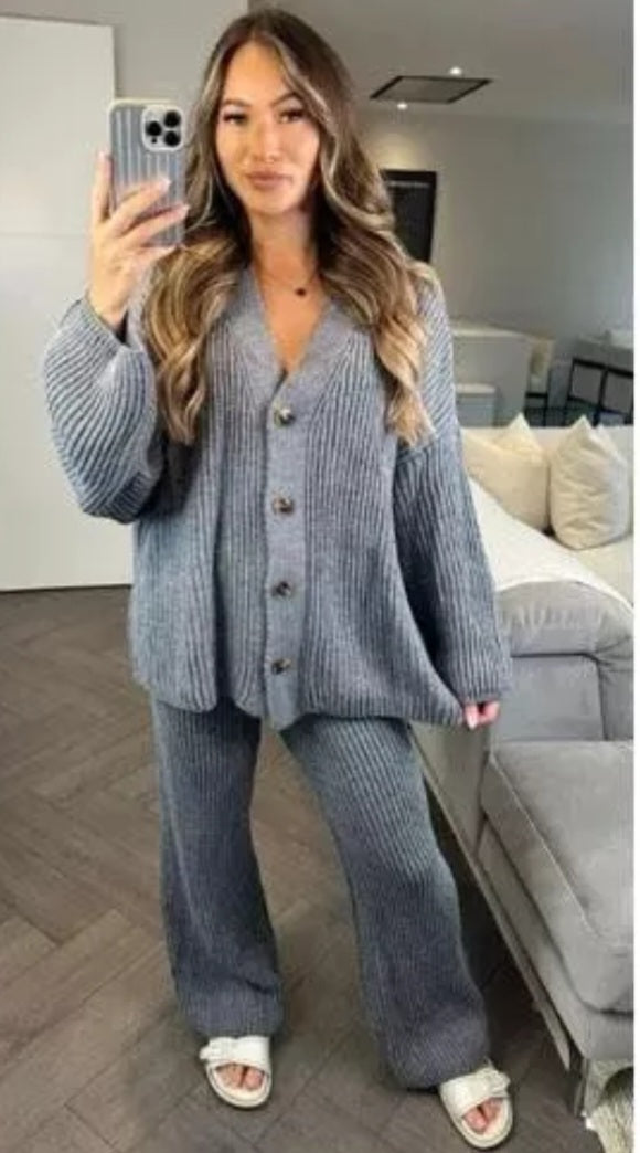 Ladies Rib Knitted Button Cardigan Palazzo Lounge Wear Set