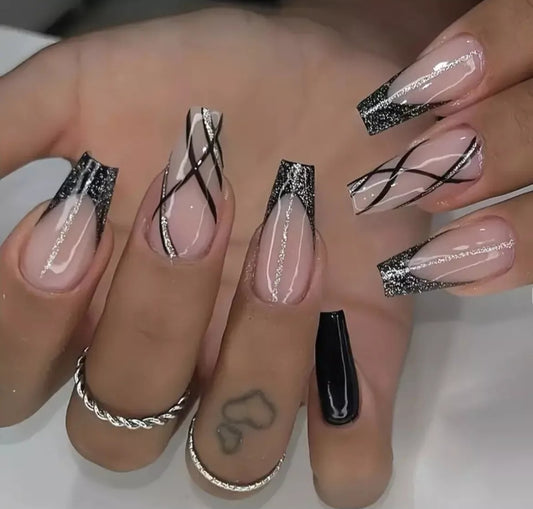 24x Glossy Black & Pink French Tip Press On Nails With Glitter Square Shape