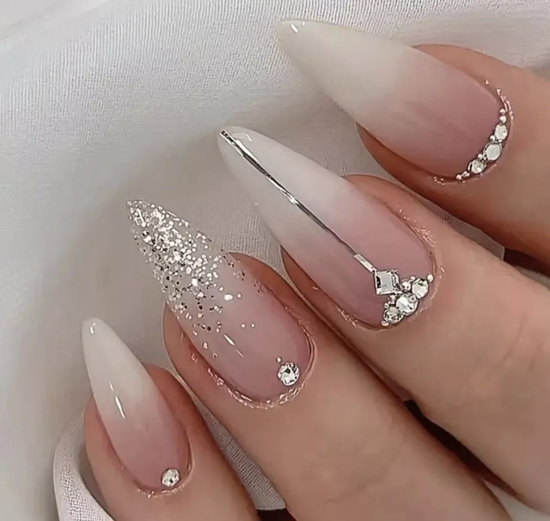 24 Elegant French Glitter Almond Shape Nails With Handcrafted Rhinestones Nails