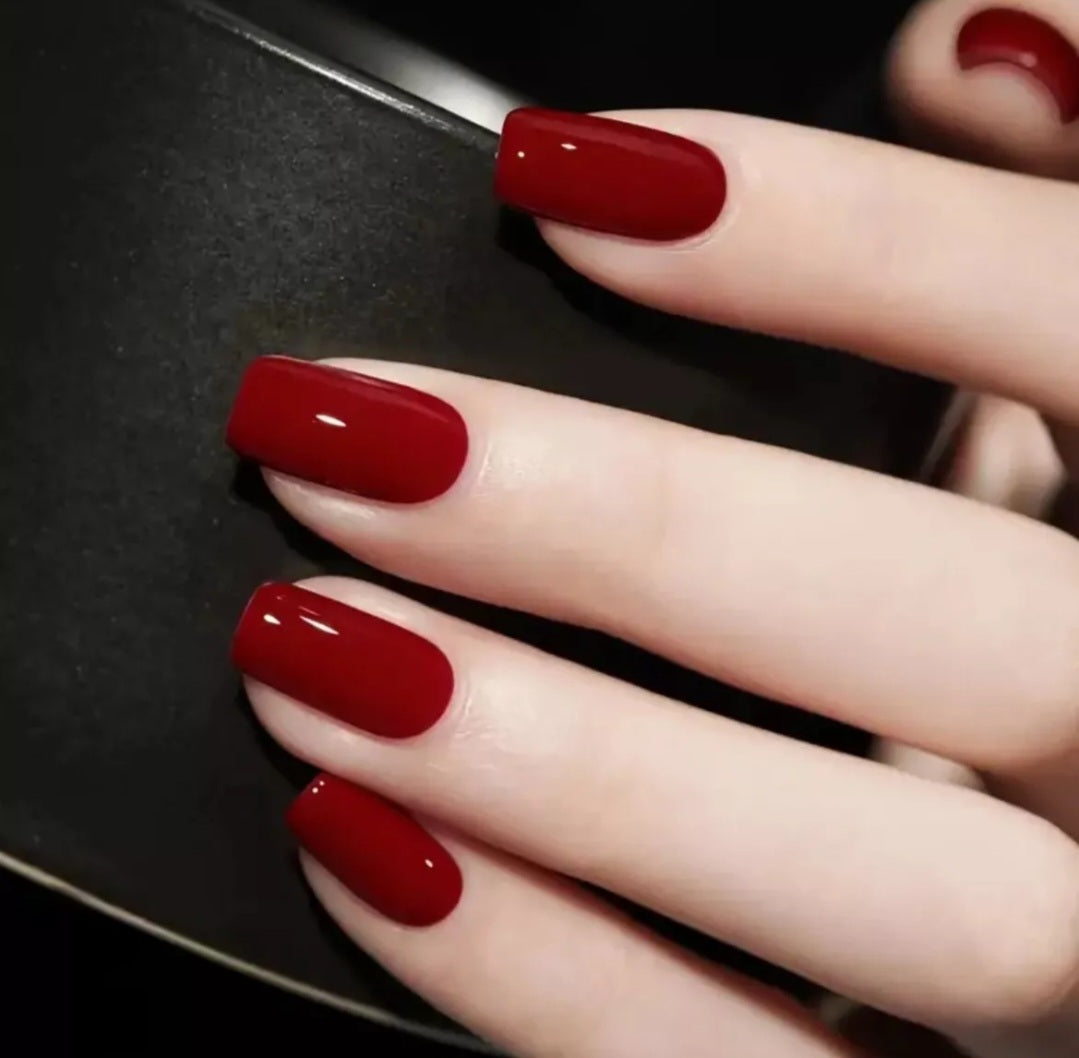 Medium Square Red Wine Glossy Full Cover Press On Fake Nails