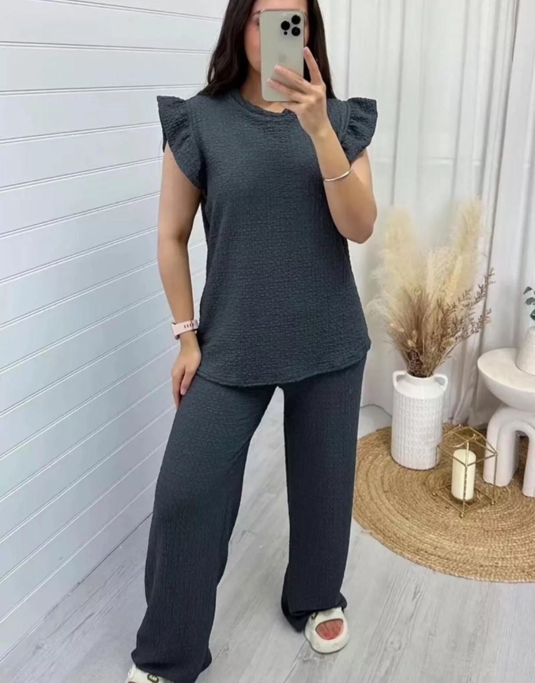 Ladies Pop Corn Fabric Frill Top Palazzo Trousers Tracksuit
