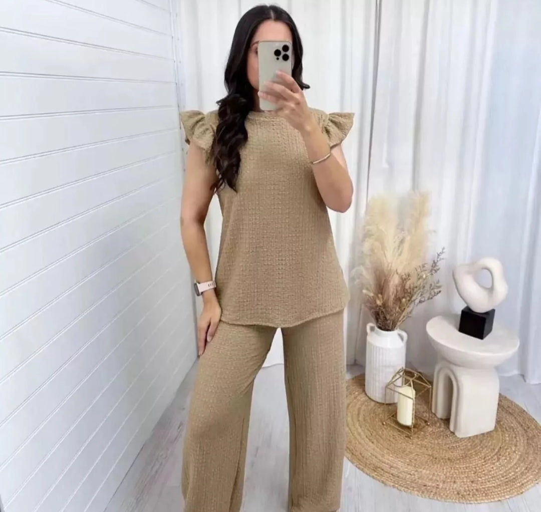 Ladies Pop Corn Fabric Frill Top Palazzo Trousers Tracksuit