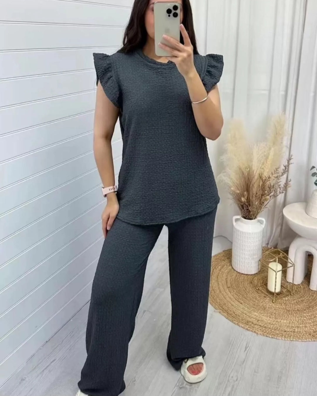 Ladies Pop Corn Fabric Frill Top Palazzo Trousers Tracksuit