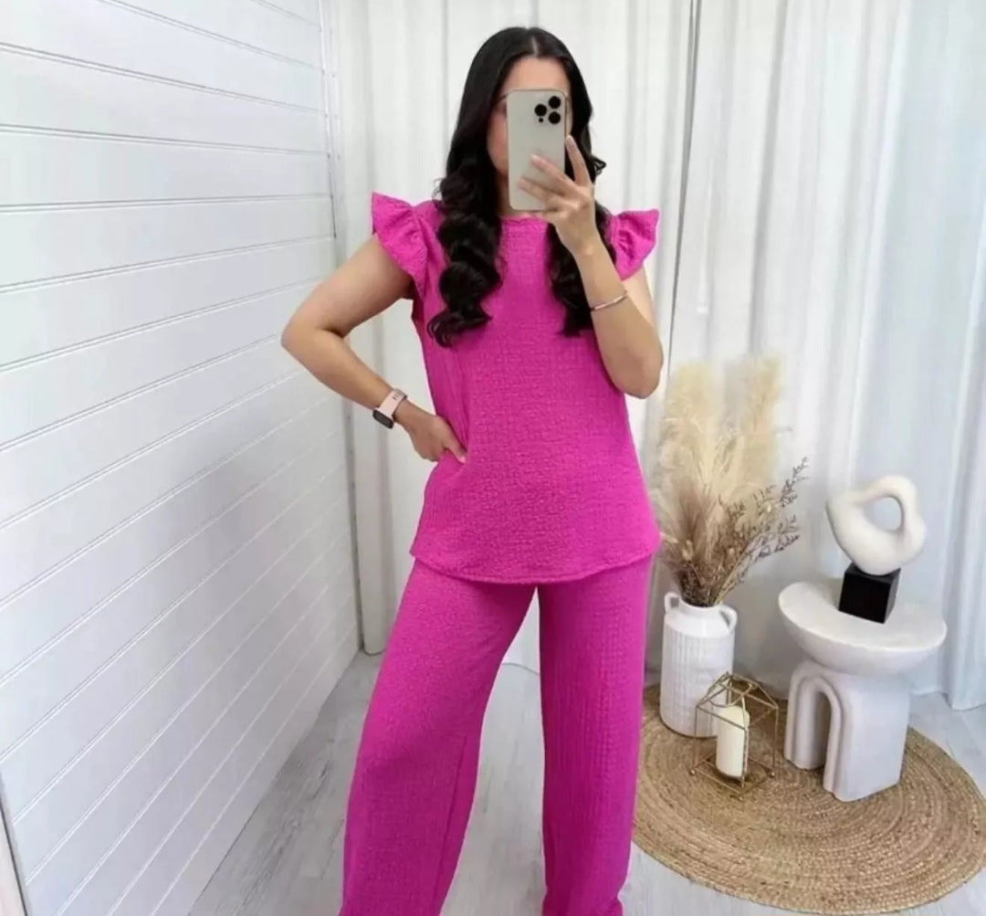 Ladies Pop Corn Fabric Frill Top Palazzo Trousers Tracksuit