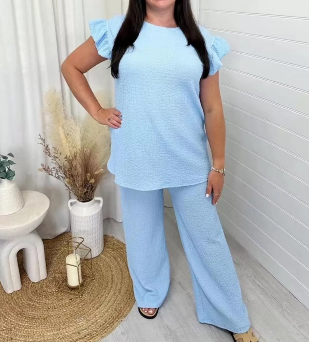 Ladies Pop Corn Fabric Frill Top Palazzo Trousers Tracksuit