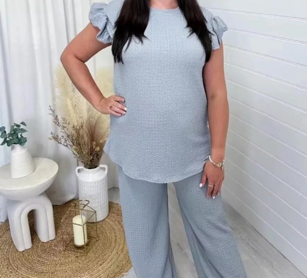 Ladies Pop Corn Fabric Frill Top Palazzo Trousers Tracksuit