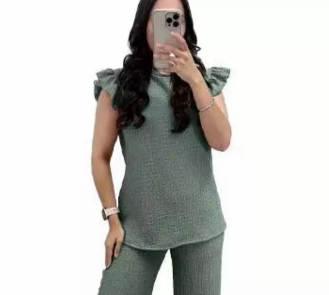 Ladies Pop Corn Fabric Frill Top Palazzo Trousers Tracksuit