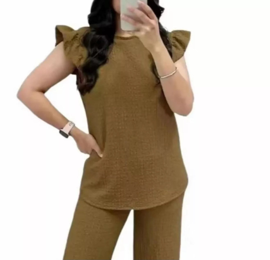 Ladies Pop Corn Fabric Frill Top Palazzo Trousers Tracksuit