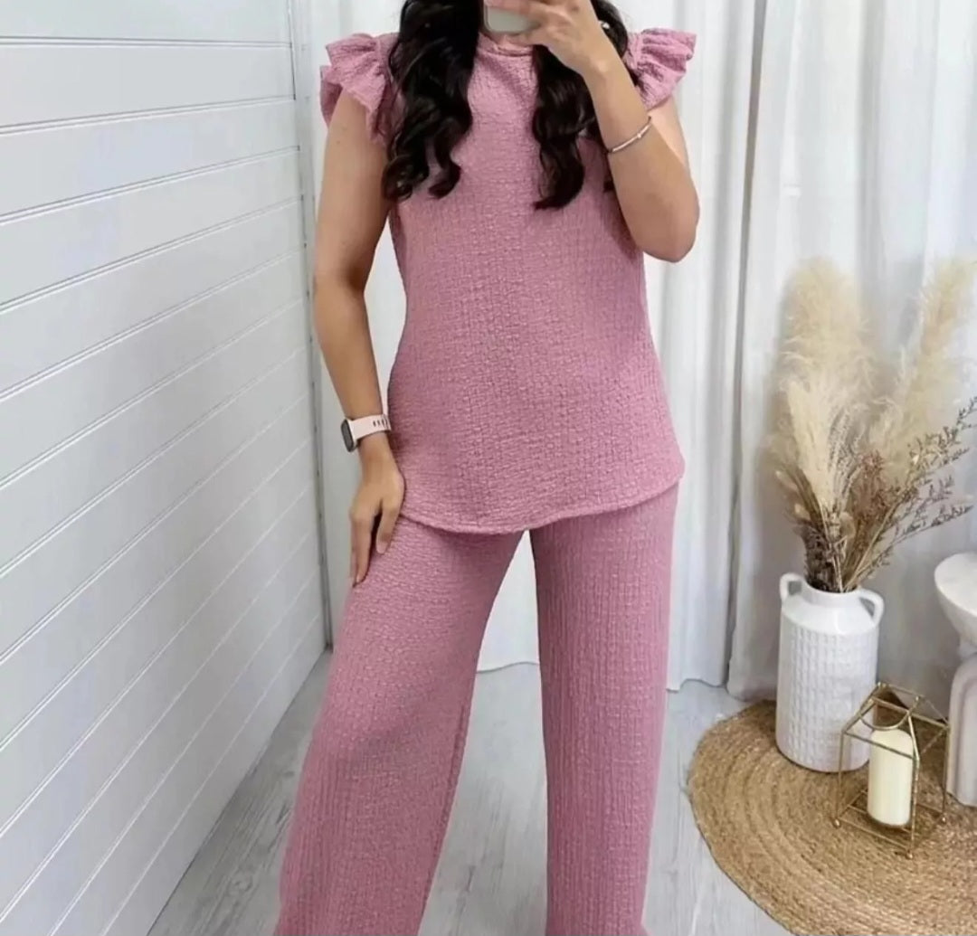 Ladies Pop Corn Fabric Frill Top Palazzo Trousers Tracksuit