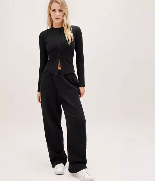 Ladies Button Long Sleeve Top Ribbed Palazzo Trouser Tracksuit