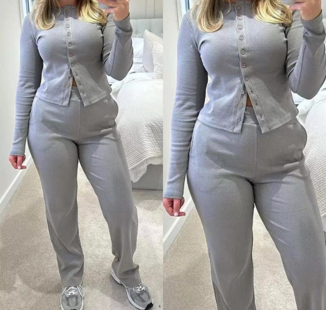 Ladies Button Long Sleeve Top Ribbed Palazzo Trouser Tracksuit