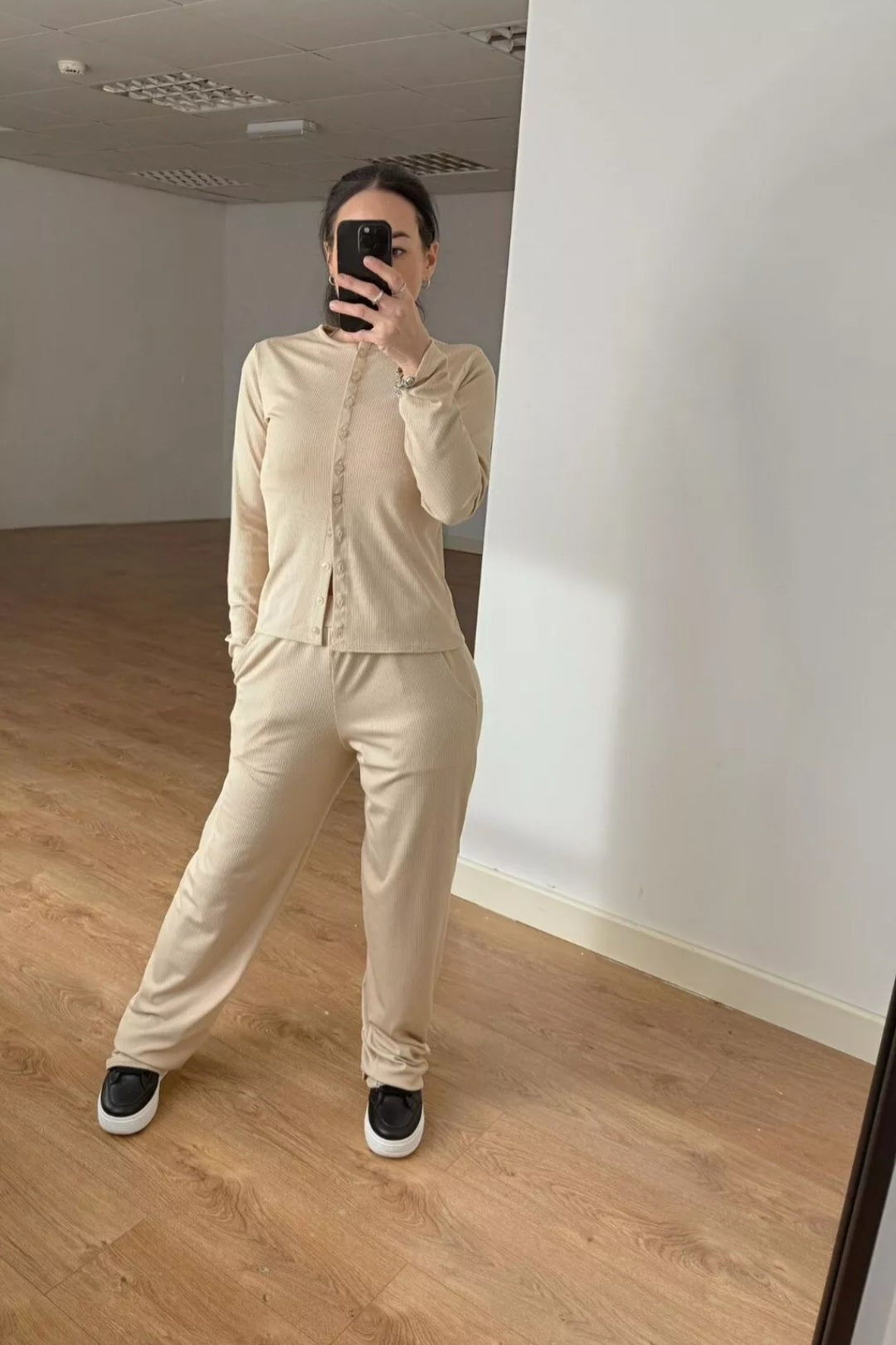 Ladies Button Long Sleeve Top Ribbed Palazzo Trouser Tracksuit
