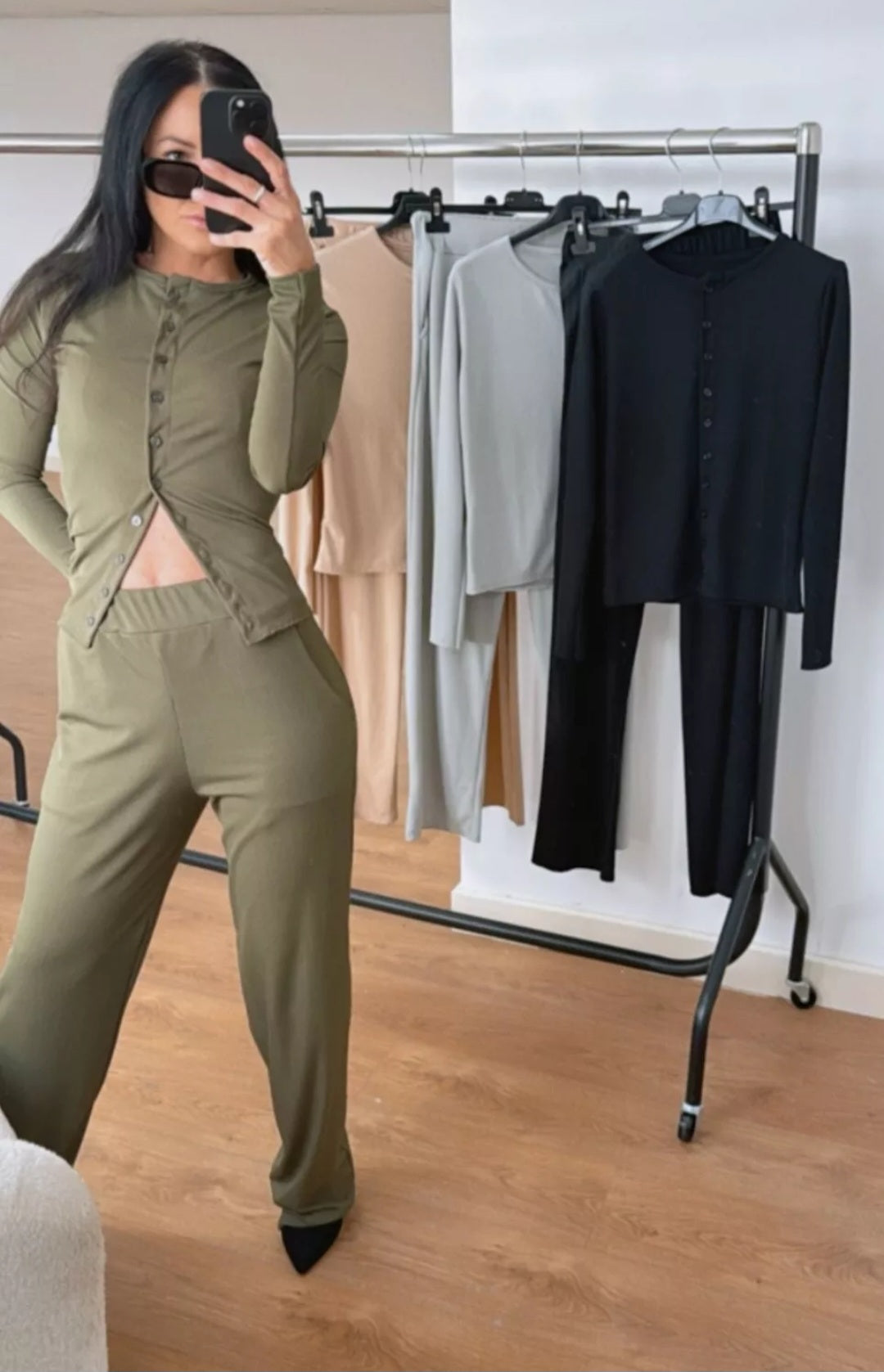Ladies Button Long Sleeve Top Ribbed Palazzo Trouser Tracksuit