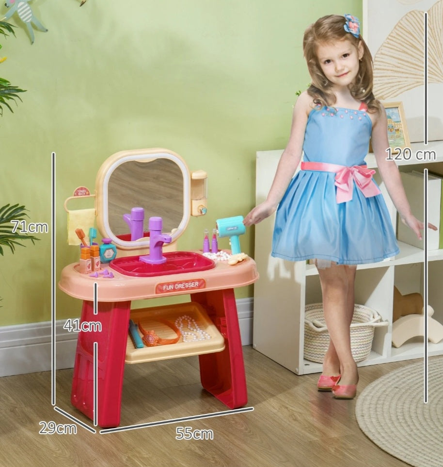 Kids Vanity Table Set with Mirror, LED Light, Music, 23 Accessories, Pink