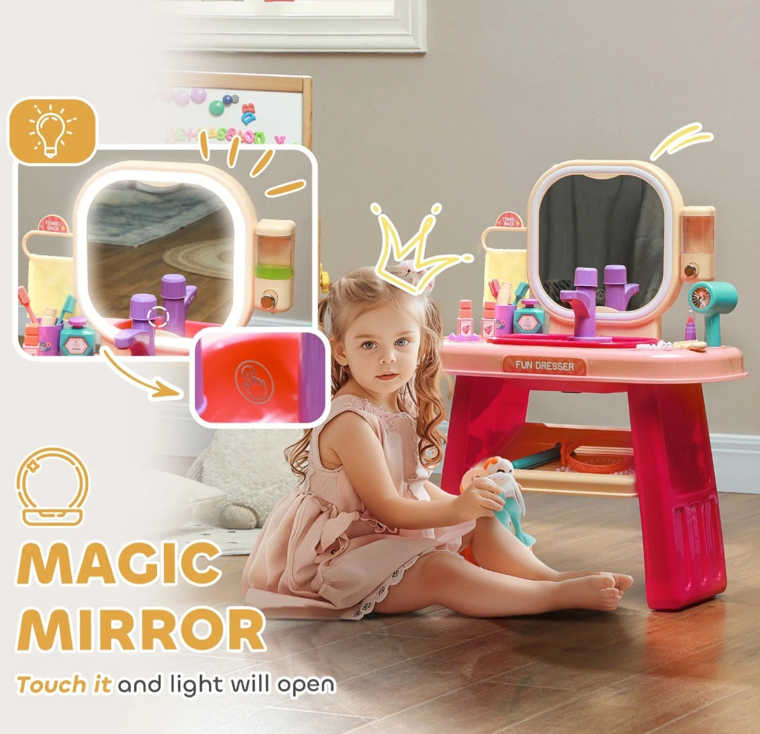 Kids Vanity Table Set with Mirror, LED Light, Music, 23 Accessories, Pink