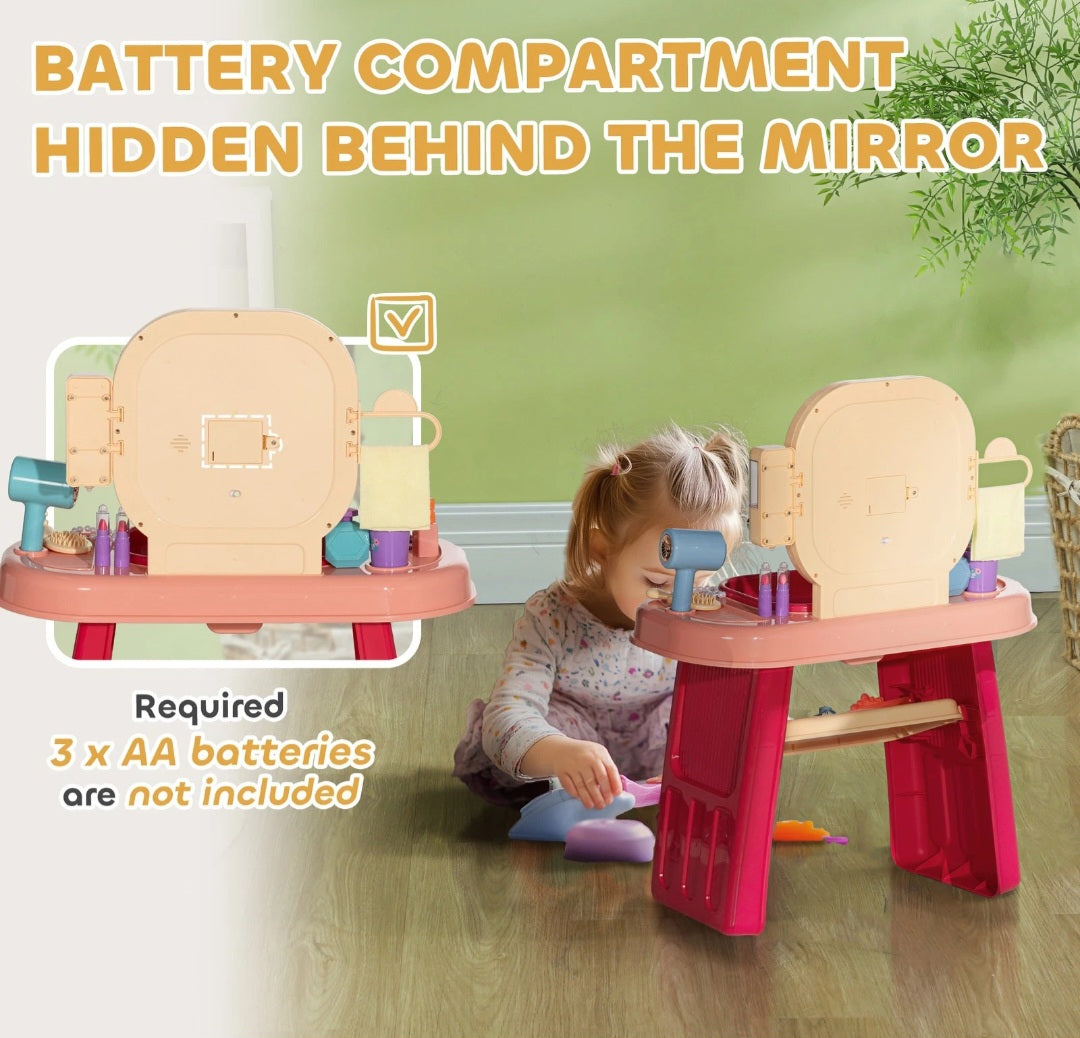 Kids Vanity Table Set with Mirror, LED Light, Music, 23 Accessories, Pink