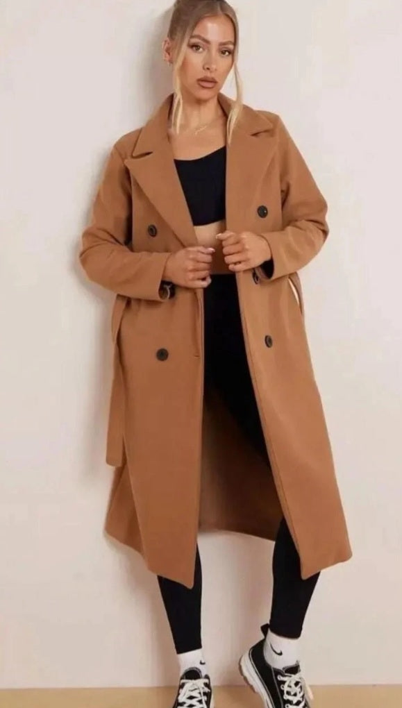 Ladies Double Breasted Tie Waist Long Trench Coat