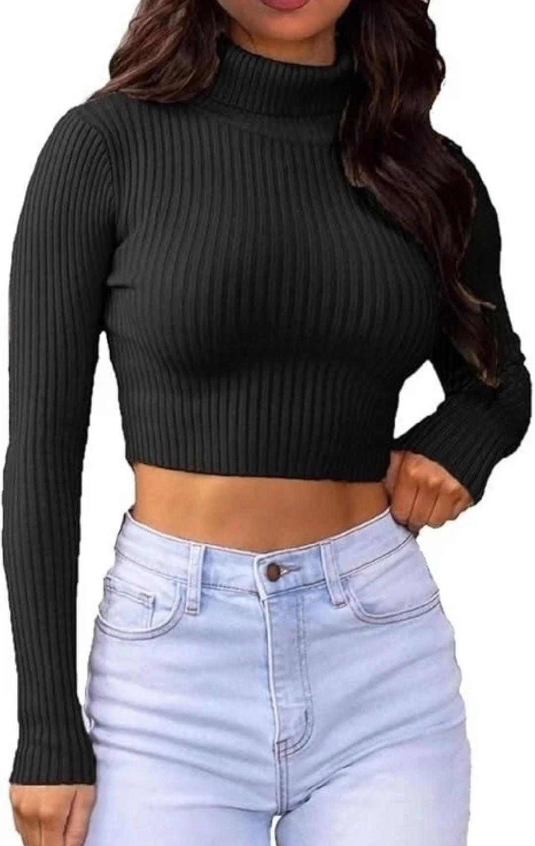 Womens Ribbed Knitted Polo Neck Chunky Knit Crop Top Sweater