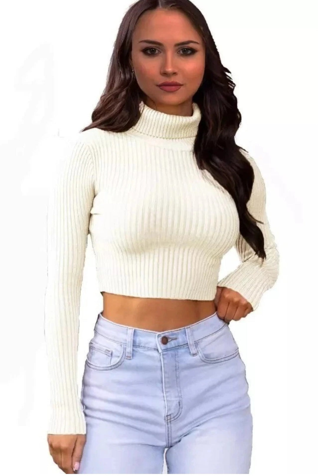 Womens Ribbed Knitted Polo Neck Chunky Knit Crop Top Sweater