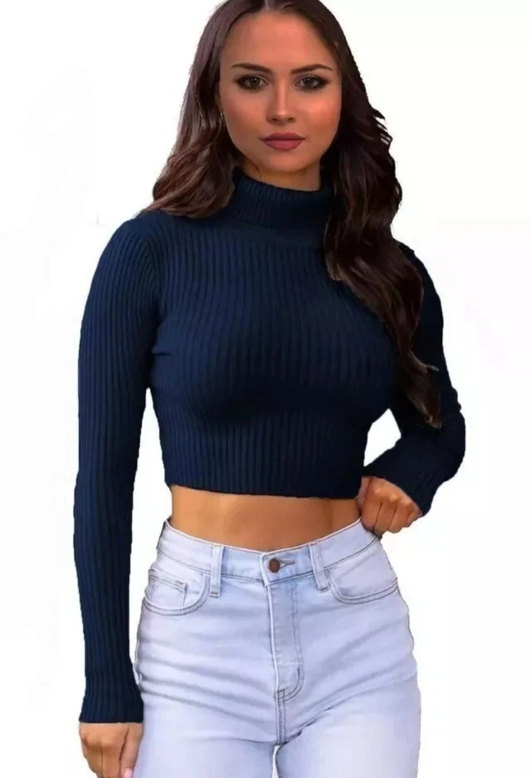 Womens Ribbed Knitted Polo Neck Chunky Knit Crop Top Sweater