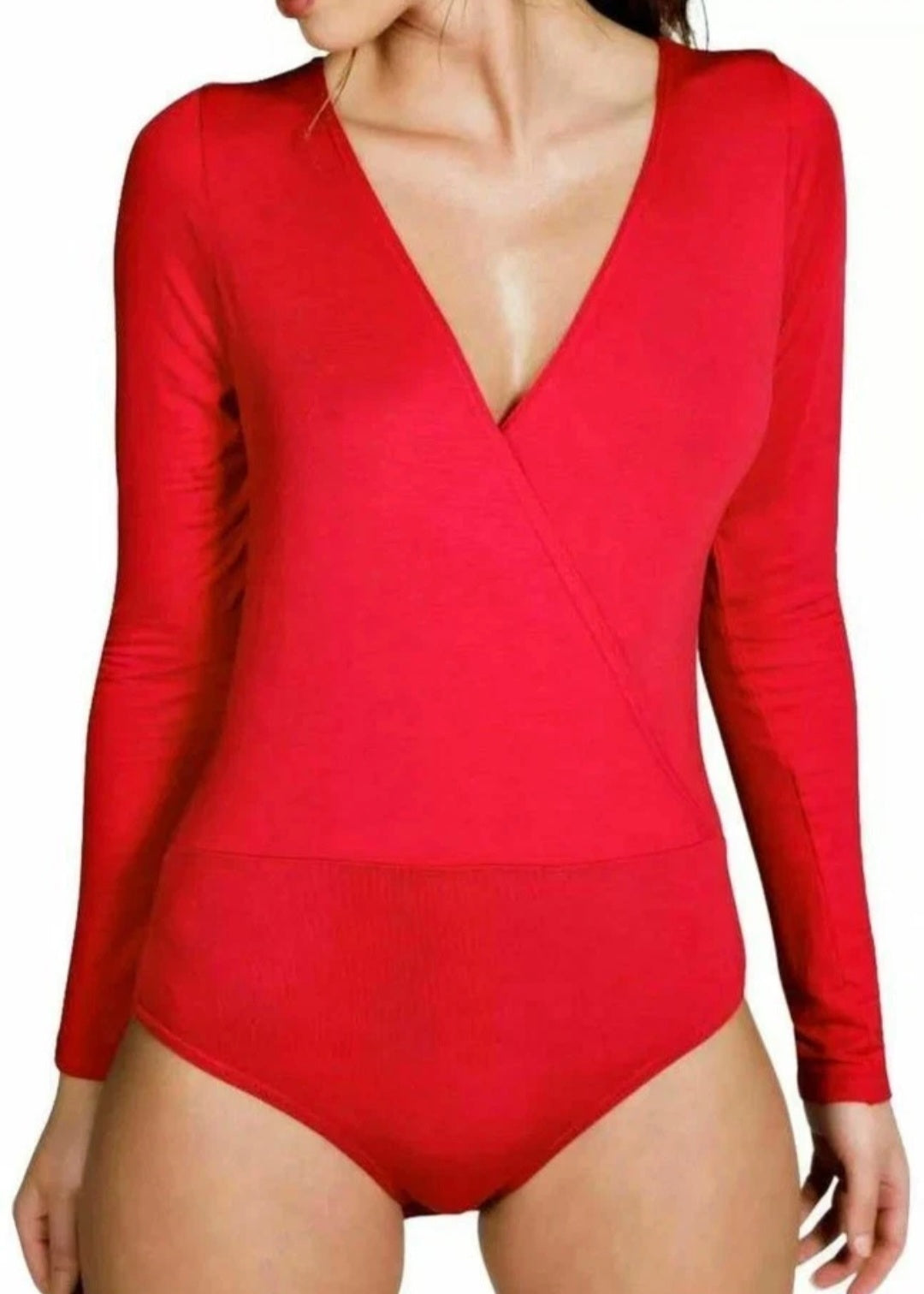 Womens Ladies Wrap Over V Neck Plunge Long Sleeve Bodysuit