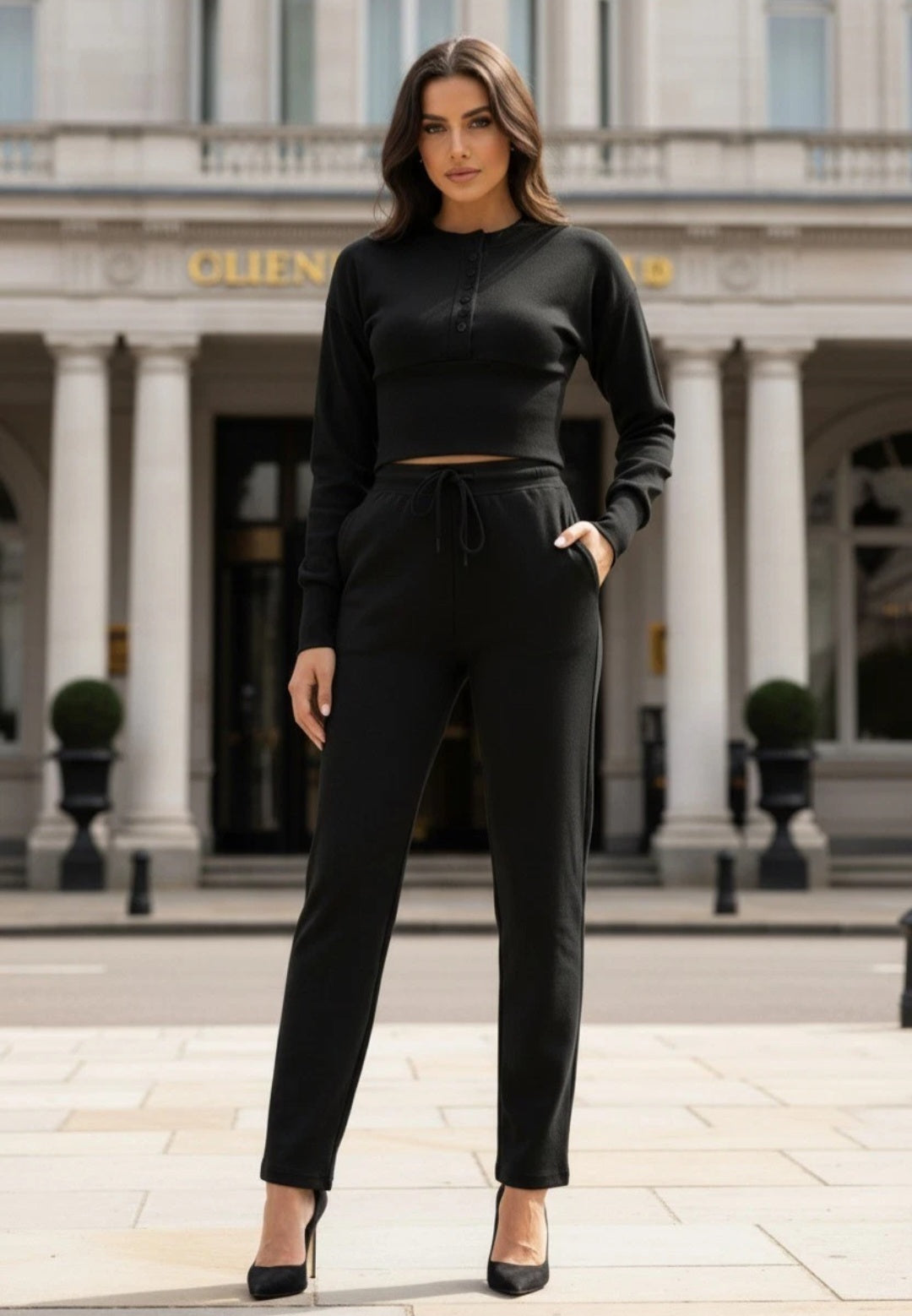 Women's Compressed Ribbed Front Button Top and Wide Leg Trousers Co-ord