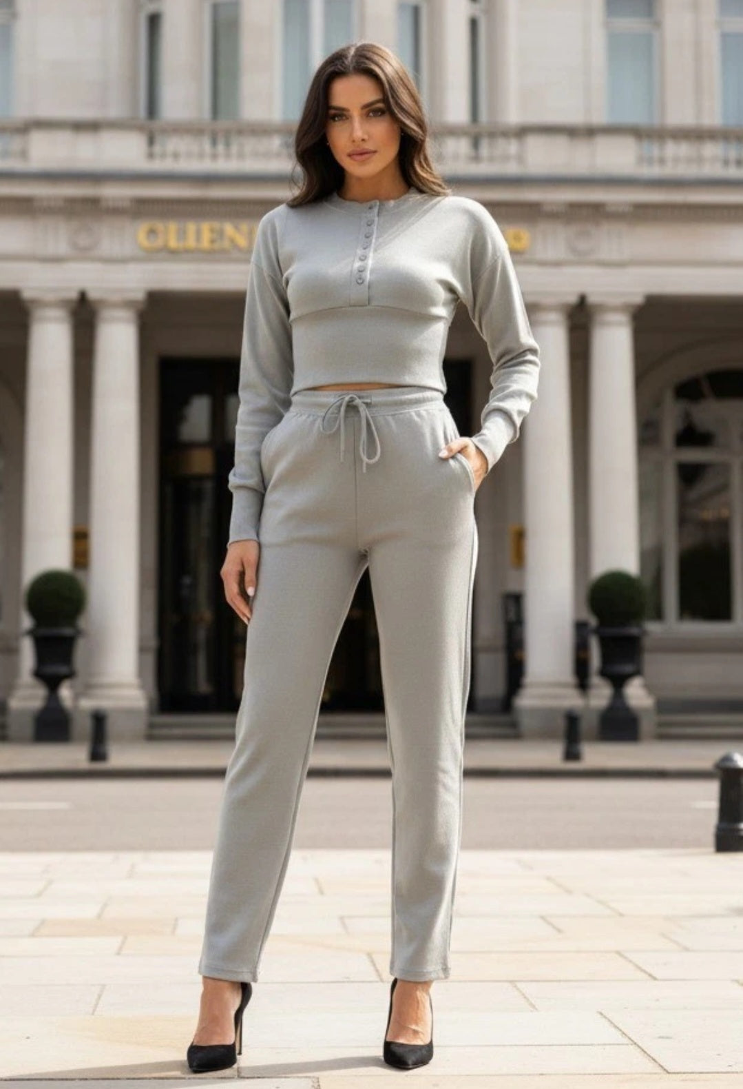 Women's Compressed Ribbed Front Button Top and Wide Leg Trousers Co-ord
