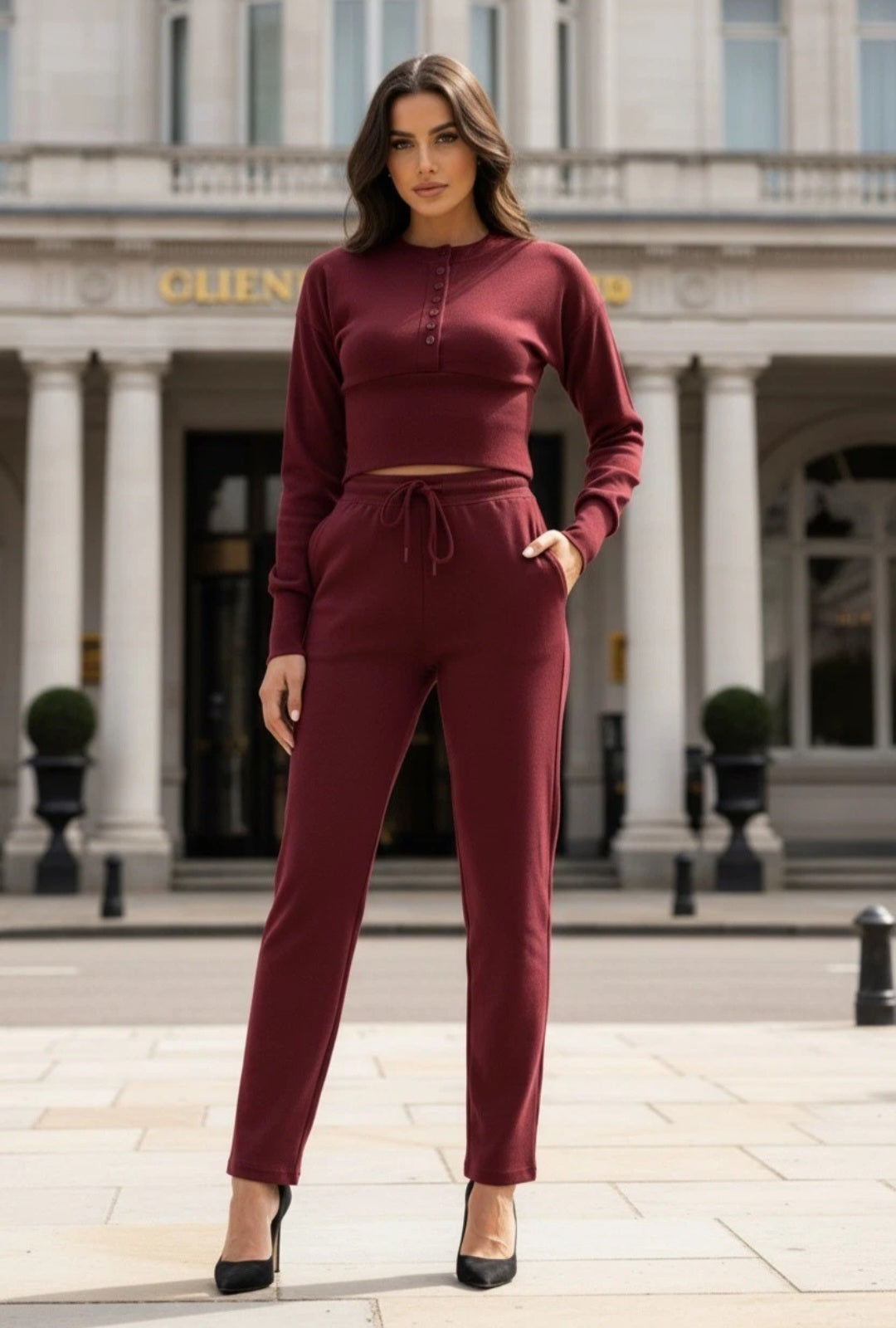 Women's Compressed Ribbed Front Button Top and Wide Leg Trousers Co-ord