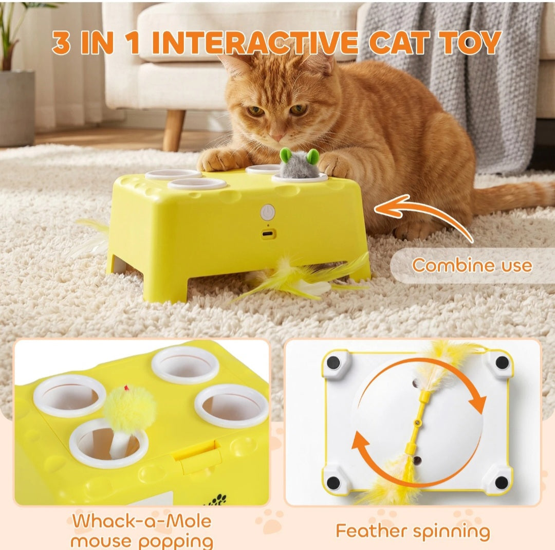 3 in 1 Interactive Cat Toys w/ Mouse & Feather Teaser Toy