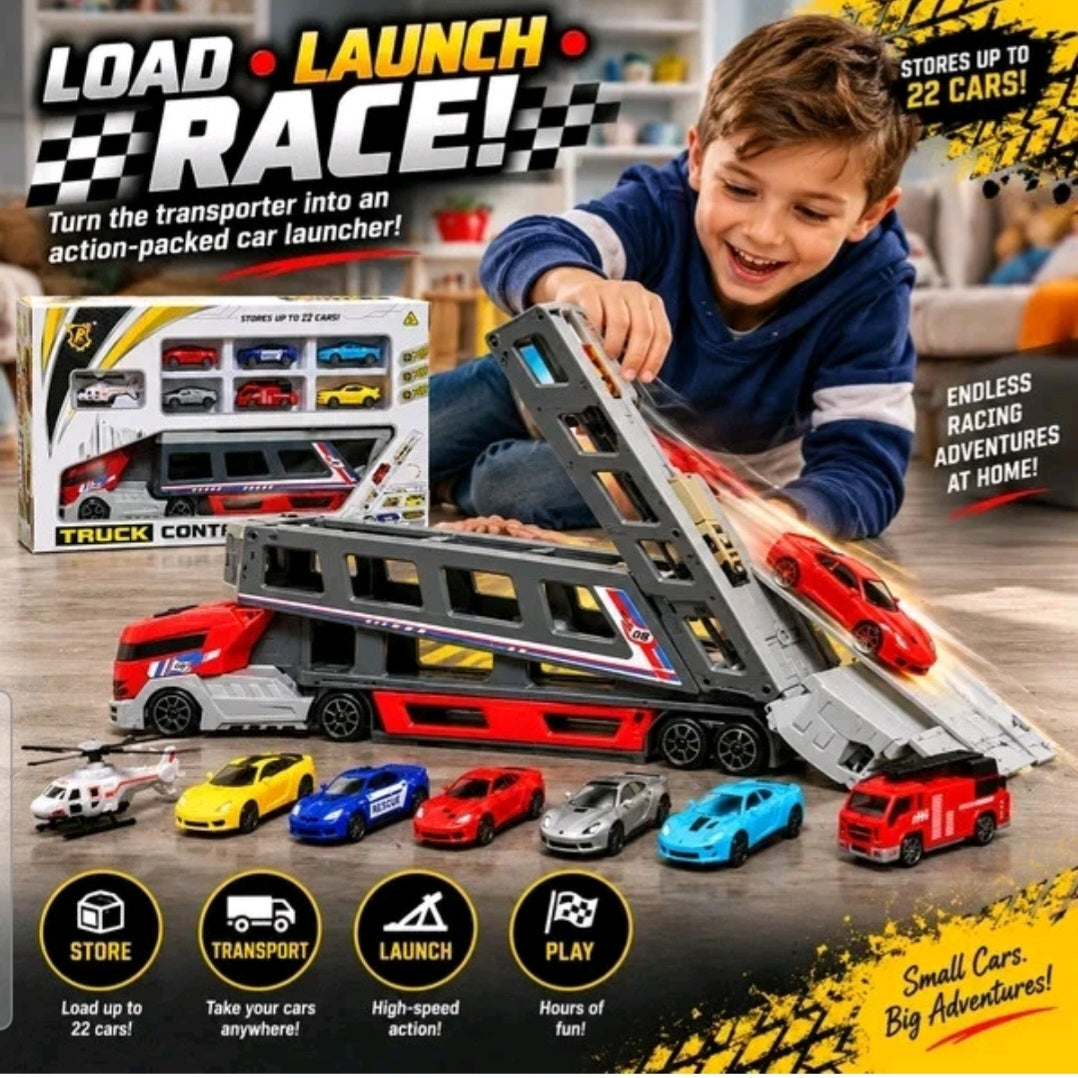 Toy Car Transporter Truck Launcher 6 Cars & Helicopter Kids Toys Racing Cars Set