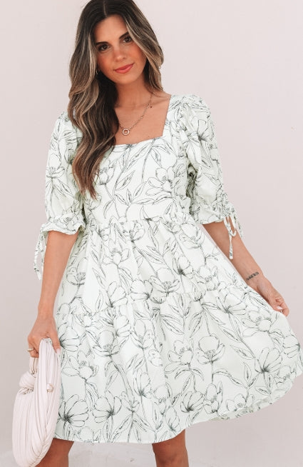 Beige Floral Print Square Neck Mini Dress