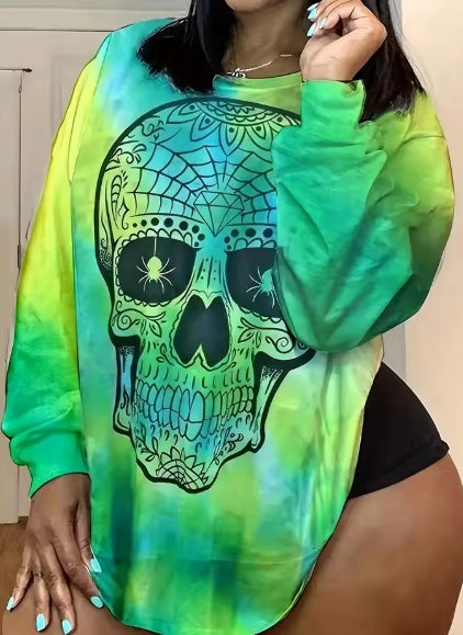 Plus Size Tye Dye Skull Print Top Green