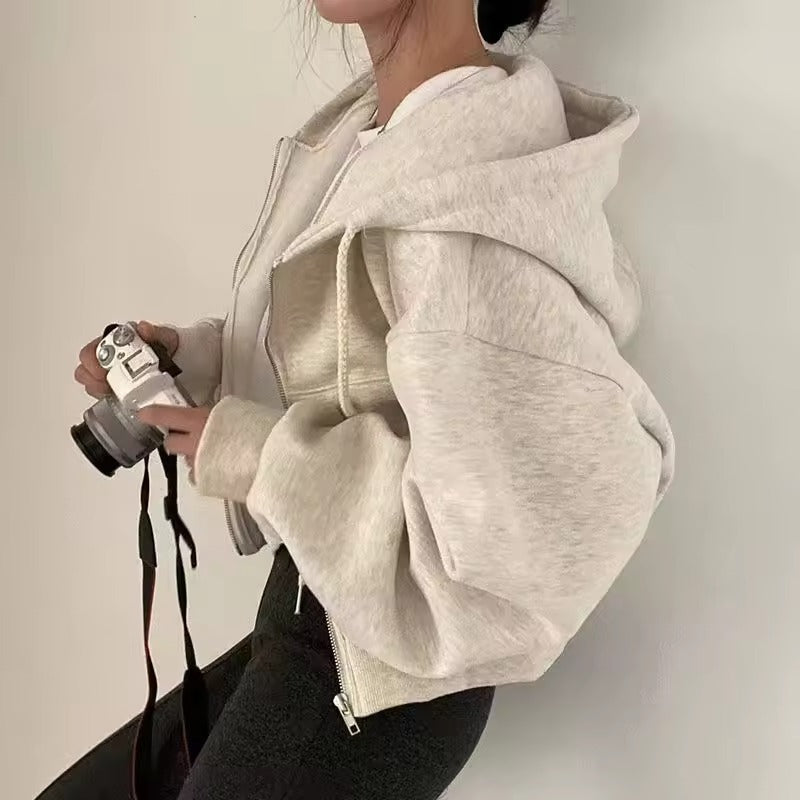 Fleece-lined Versatile Cropped Hooded Sweatshirt