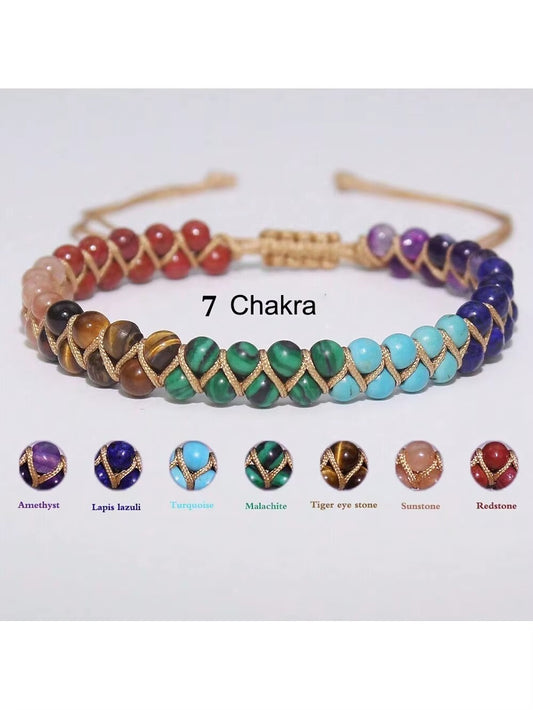 Natural Stone Chakra Anklet With 7 Stone And Adjustable Double Strands For Women