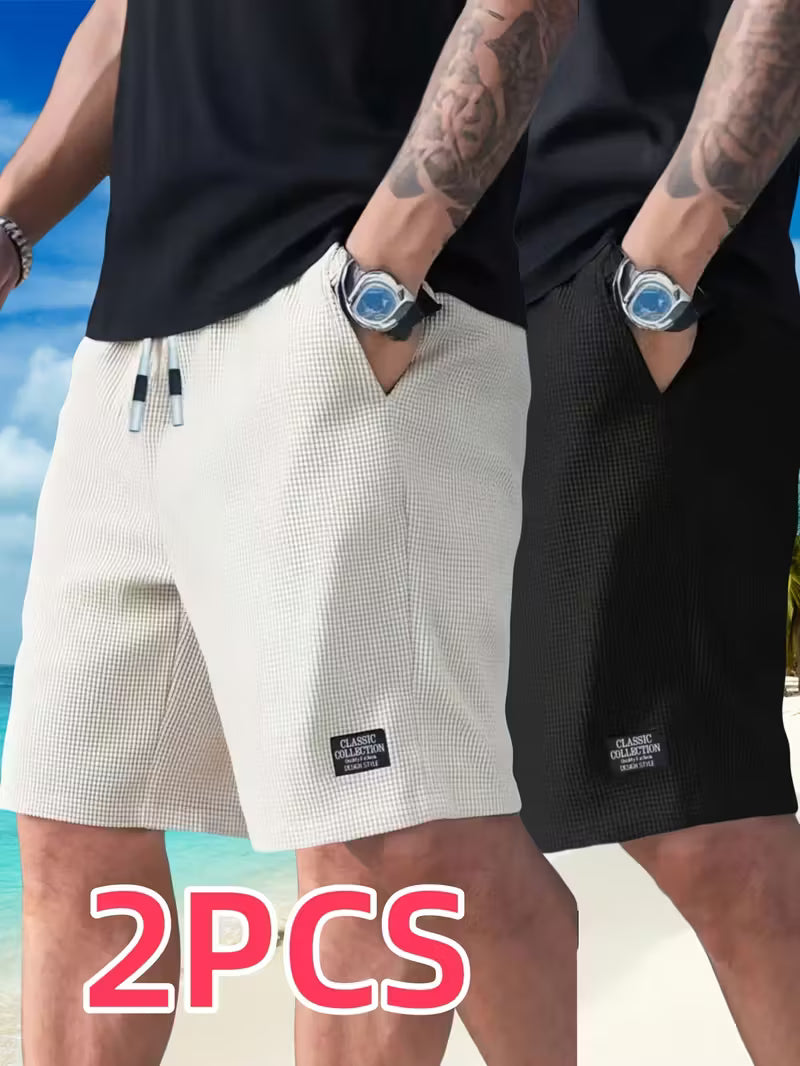 2pcs Men'S Lightweight Polyester Casual Shorts with Drawstring Waist