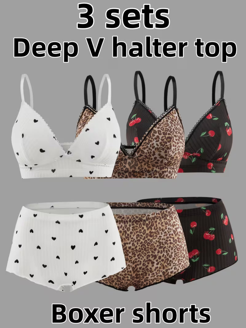 3pcs Set of Sweet Cool Printed Bra and Knickers Sets