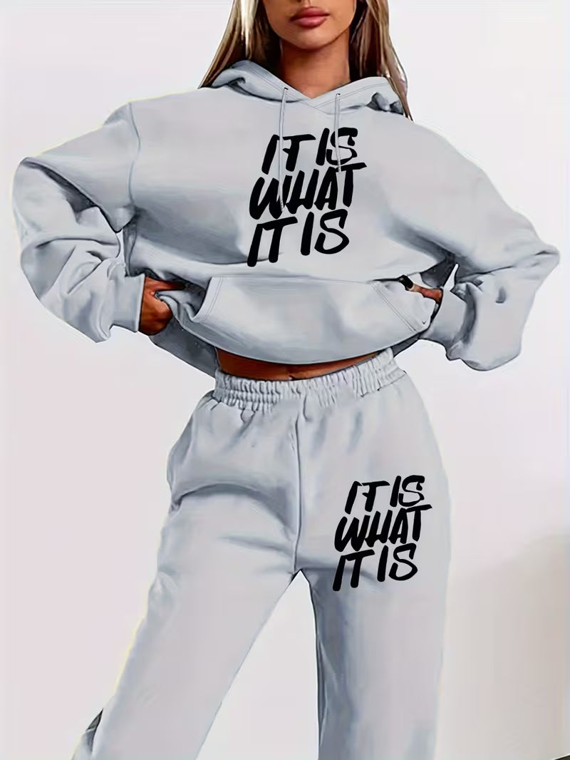 Womens "Is What It Is" Letter Print Hoodie & Sweatshirt Set