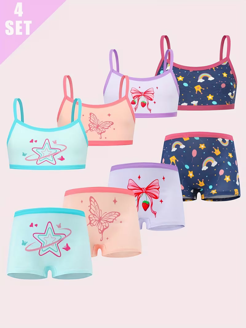 Girls' 4 Sets of 8pcs Featuring Cute Bow Patterns Vest And Underwear Sets