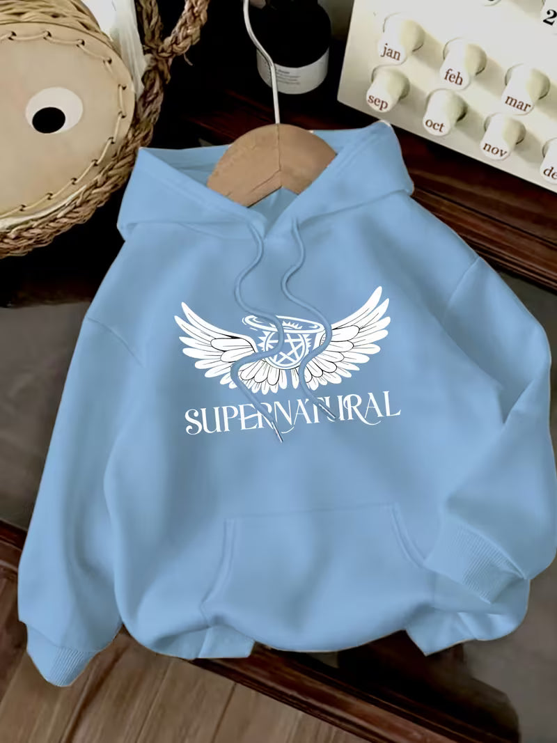 Women'S Casual Hoodie with Angel Wings & "SUPERNATURAL" Print