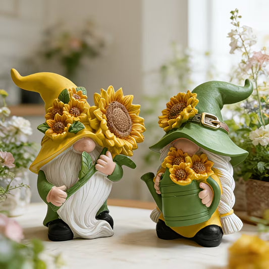 Set of 2 Sunflower Gnome Statues