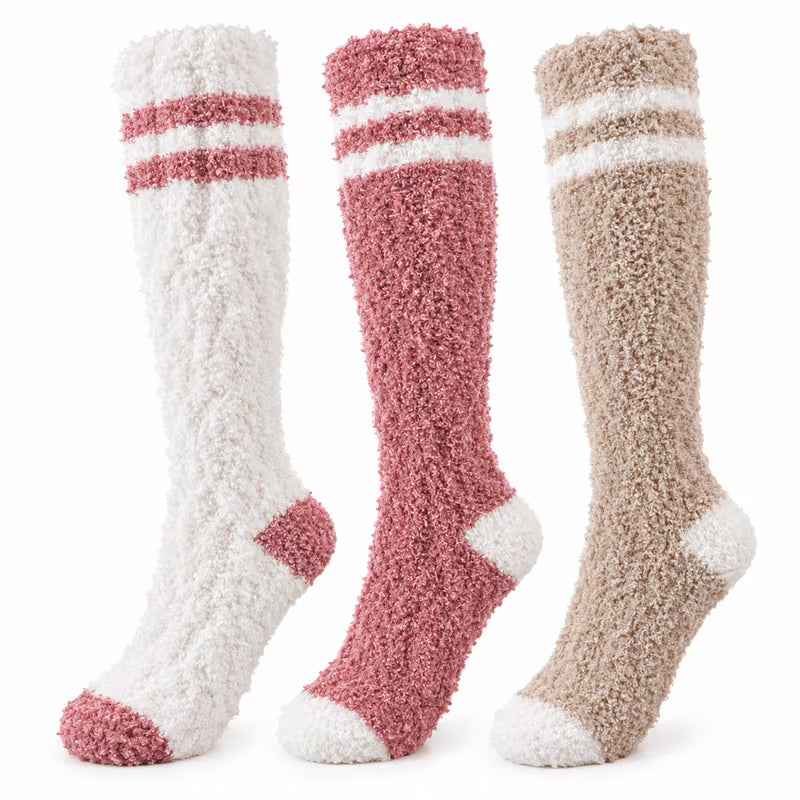3 Pairs Striped Plush Knee-High Socks for Women