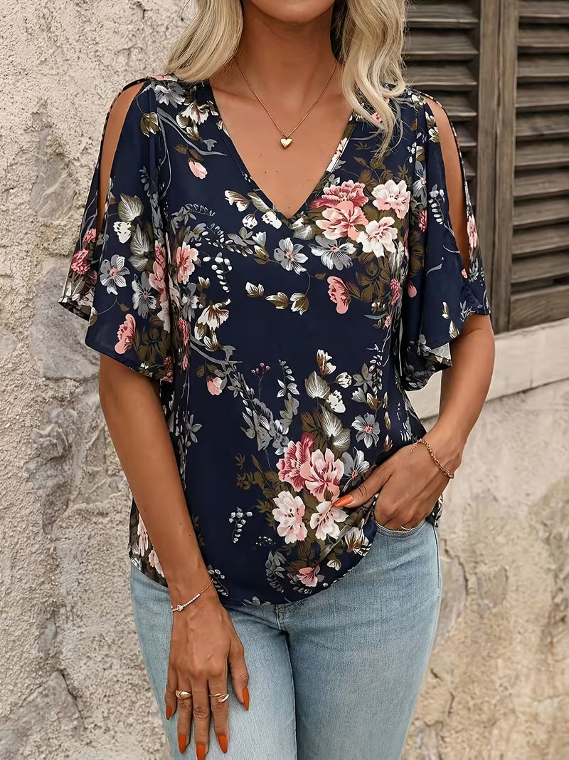 Women'S V-Neck Floral Printed Ruffled Sleeve Slit Hem Top