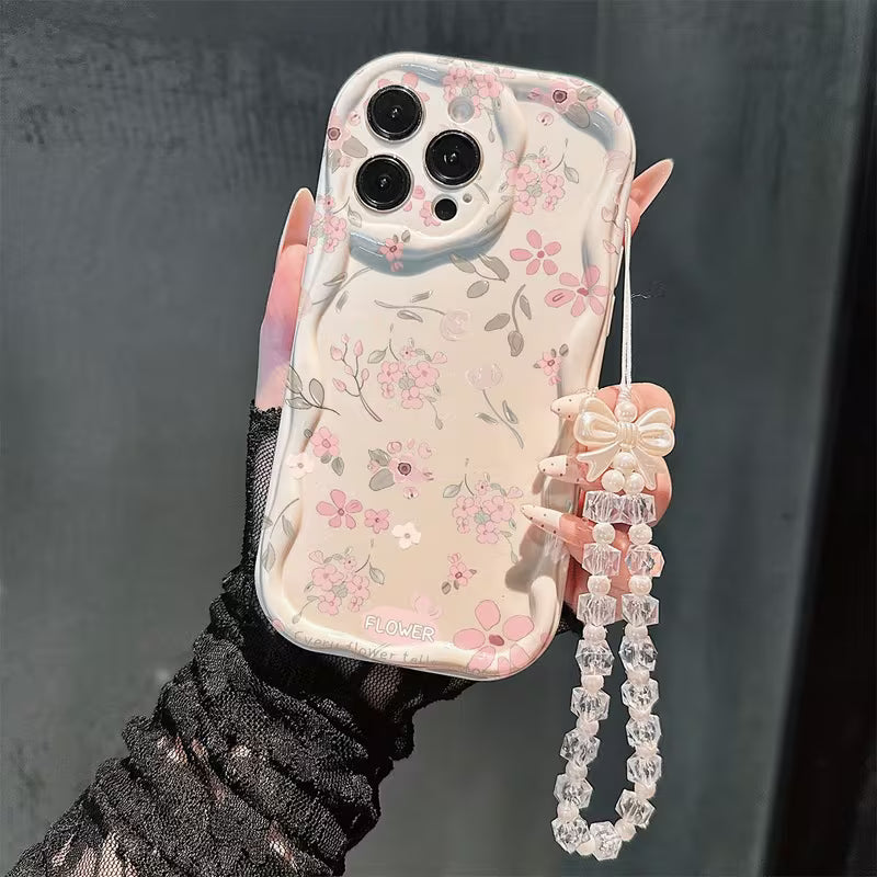 2D Fresh Pink Floral Print Pattern Design Wavy Edge Phone Case, 3D Bow And Chain
