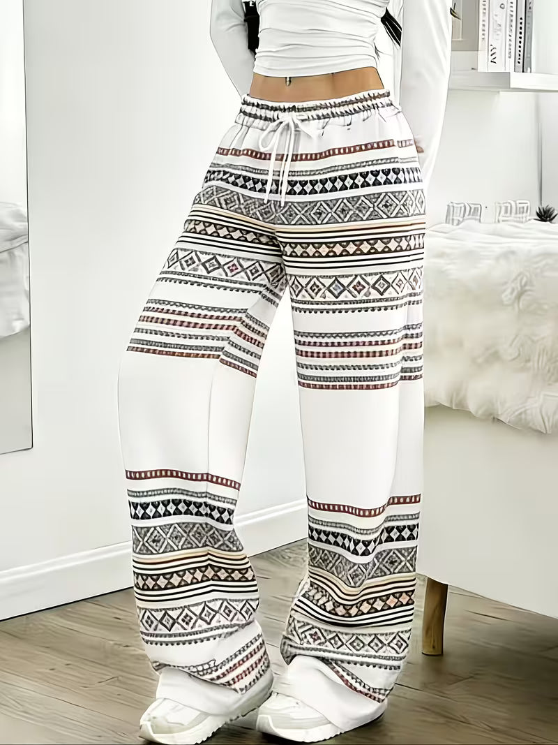 Women'S Drawstring Elastic Waist Printed Wide-Leg Pants