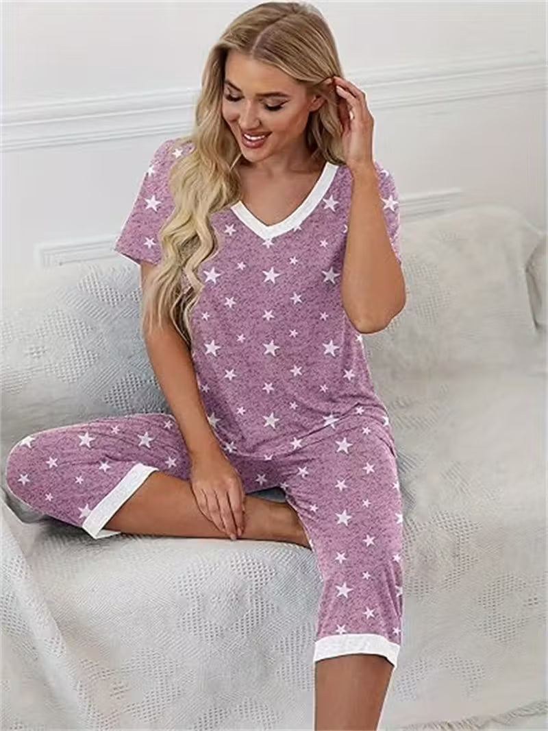 Capri Star Print V-Neck Short Sleeve Top and 3/4 Pants